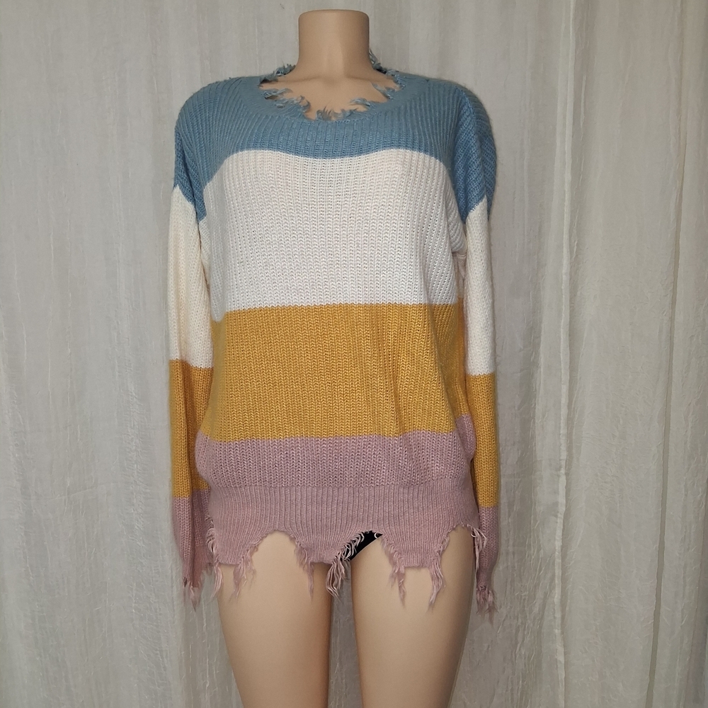 RUN WAY 7 women Size M Colorful Distressed Crew Neck Sweater